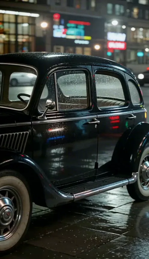 A woman in a red coat and a vintage car