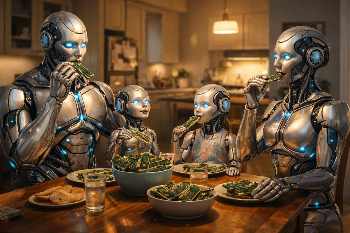 Realistic Robot Family Eating RAM for Dinner by AI king