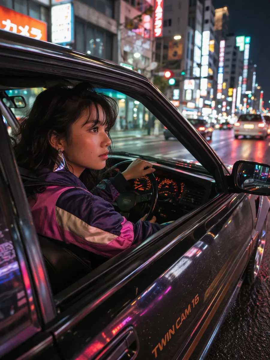 80s Japanese Girl Driving Through Neon City at Night by AVA ART