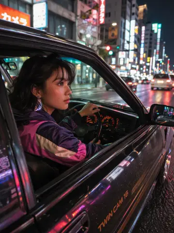 80s Japanese Girl Driving Through Neon City at Night