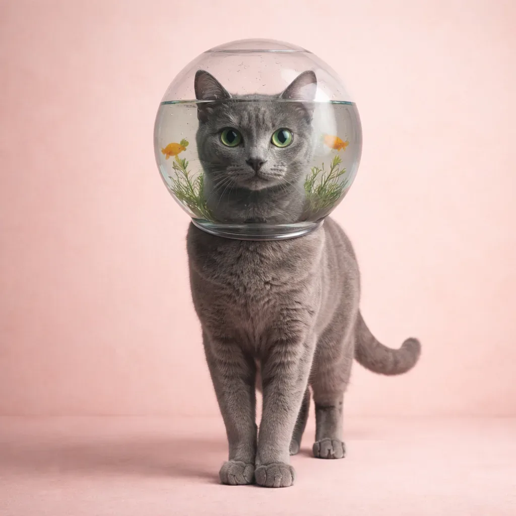 Russian Blue Cat with Glass Fish Bowl Helmet by Hajar Eddal