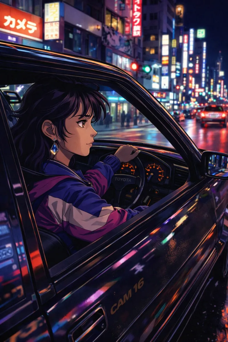 80s Japanese Girl Driving at Night Anime Style by AVA ART