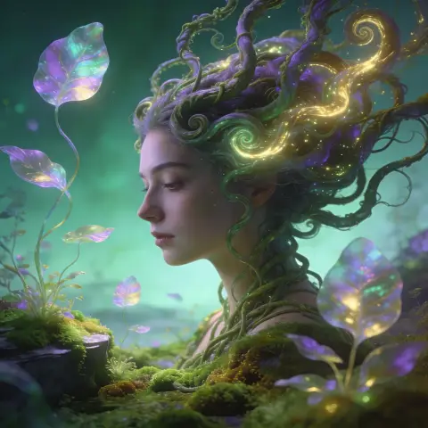 Woman's hair formed from swirling vines