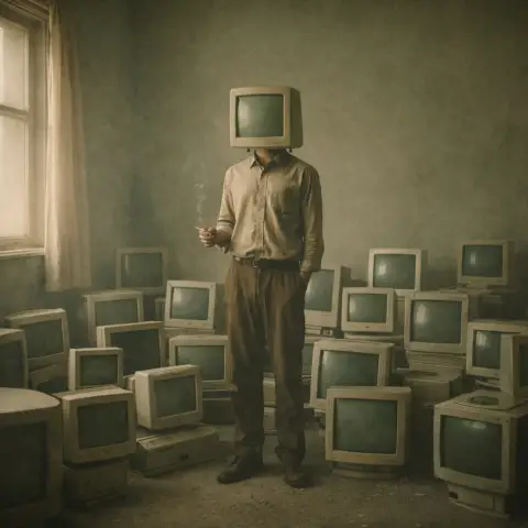 Man with a Computer Screen Head in a Vintage Room