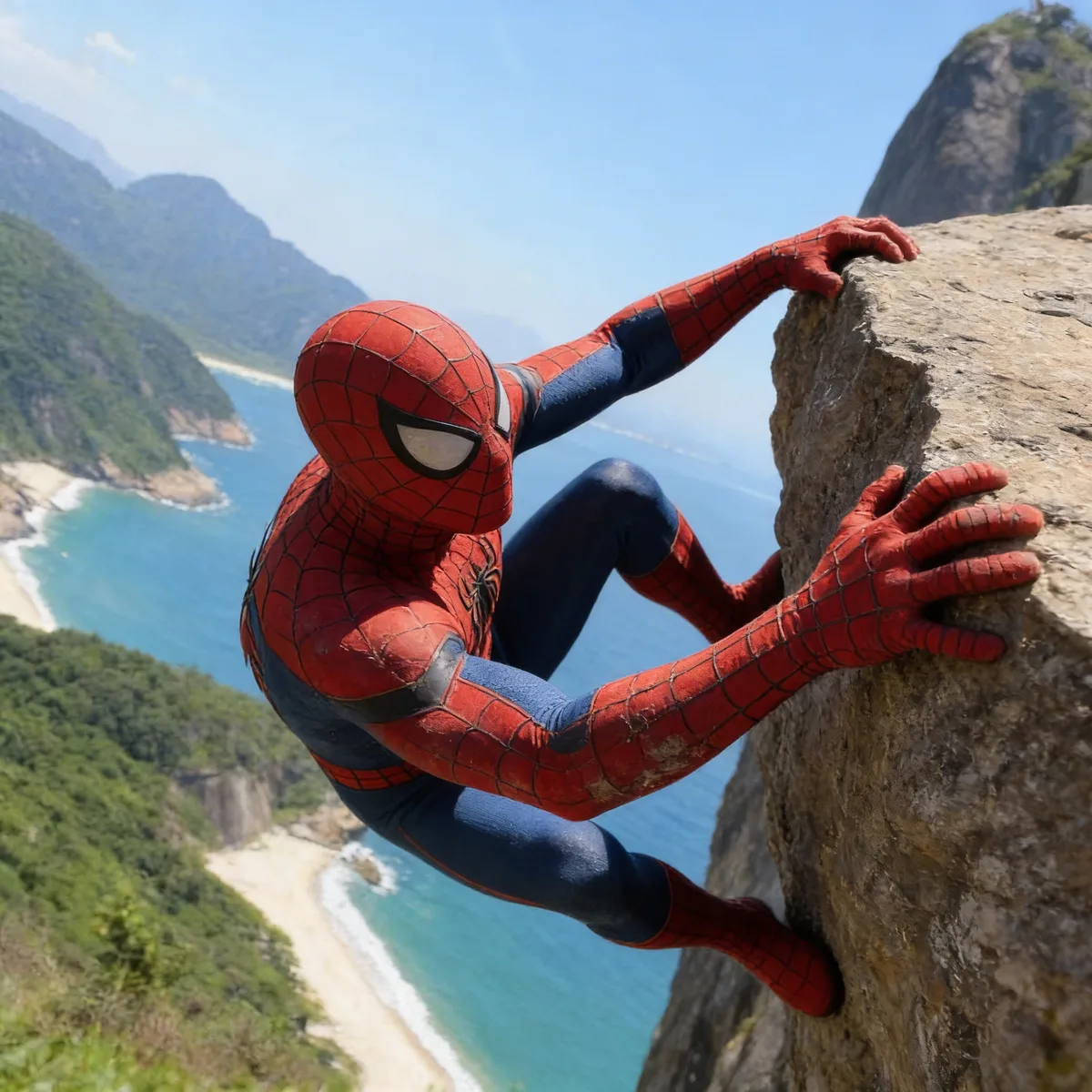 Spider Man hanging from Pedra da Gávea rock by Hajar Eddal
