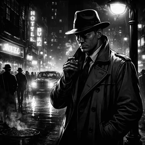 Noir comic–style scene of a detective