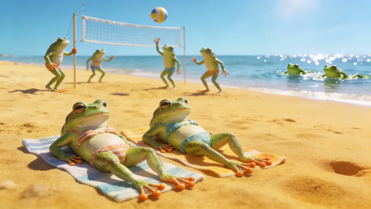 Realistic frogs Beach Day by Max 7AI