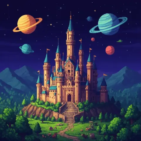 8-bit–style night castle with tall towers