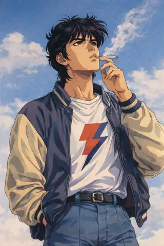 80s Anime Boy Smoking Under Blue Sky