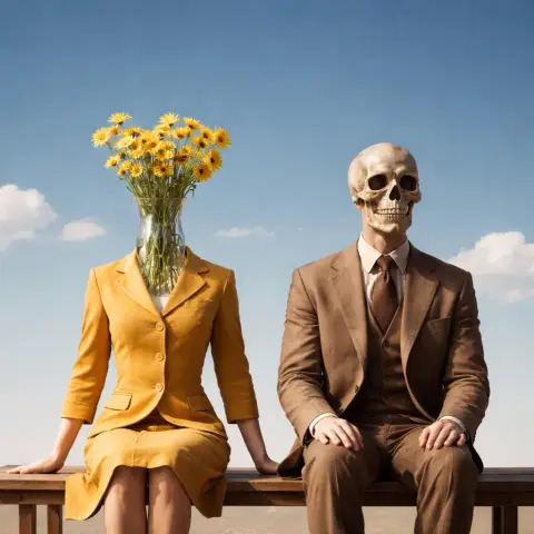 Surreal Bench Portrait Under Blue Sky