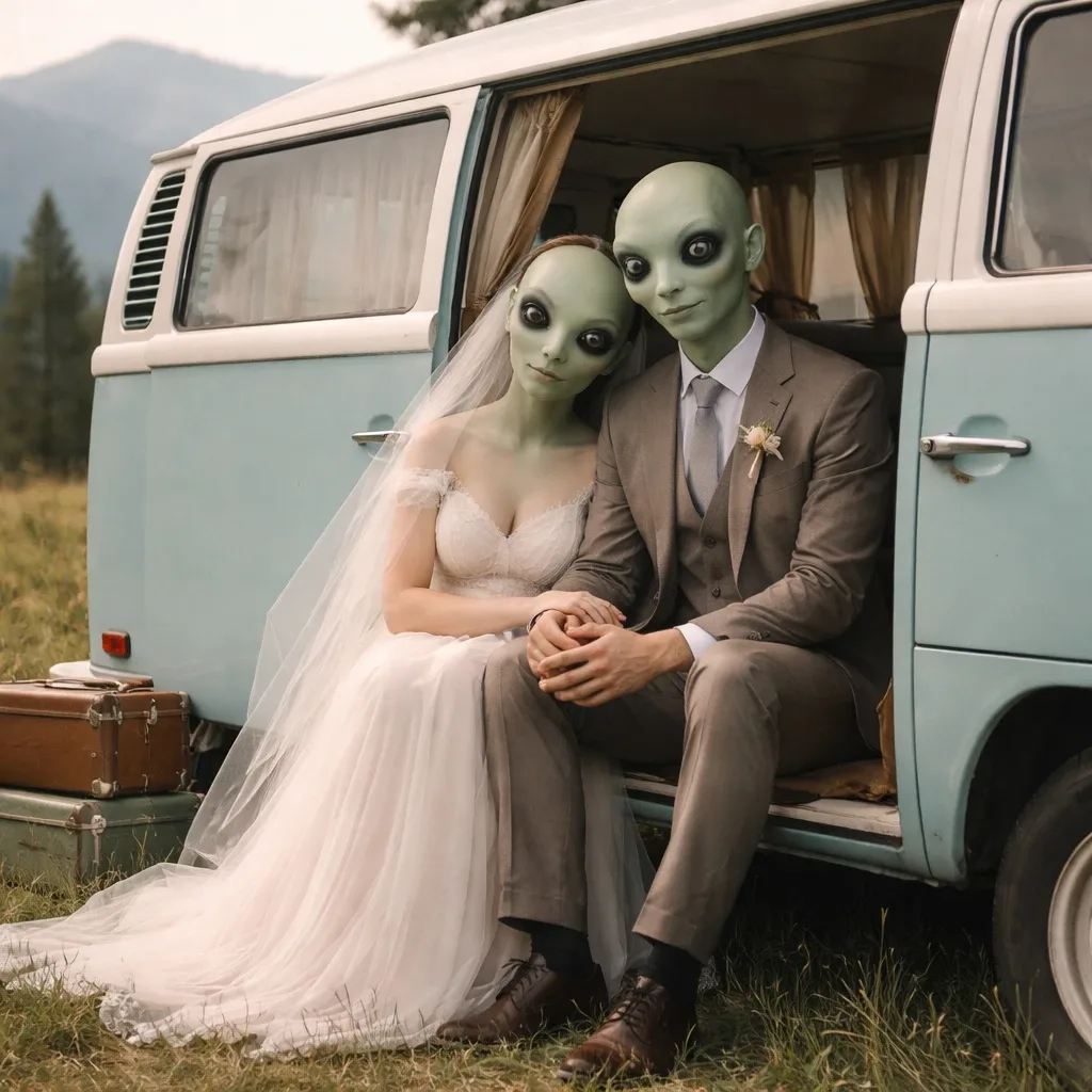 Alien Wedding Couple by the Vintage Van by Chrissy777