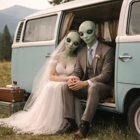 Alien Wedding Couple by the Vintage Van