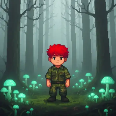 Red hair boy retro pixel-art game