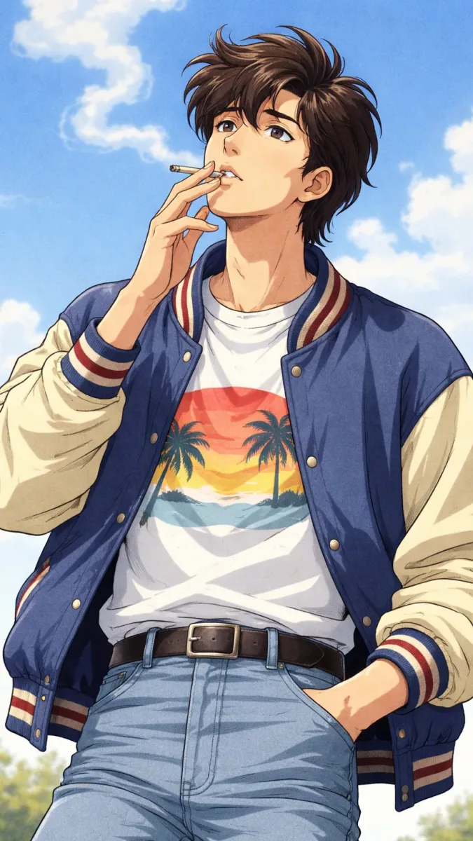 80s Anime Boy Smoking Under Blue Sky by Hajar Eddal
