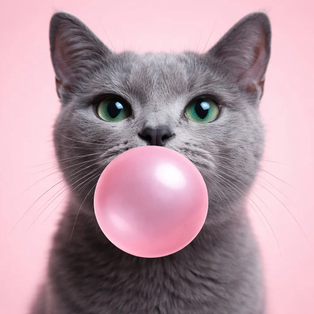 Russian Blue Cat Blowing Pink Bubble Gum by Hajar Eddal